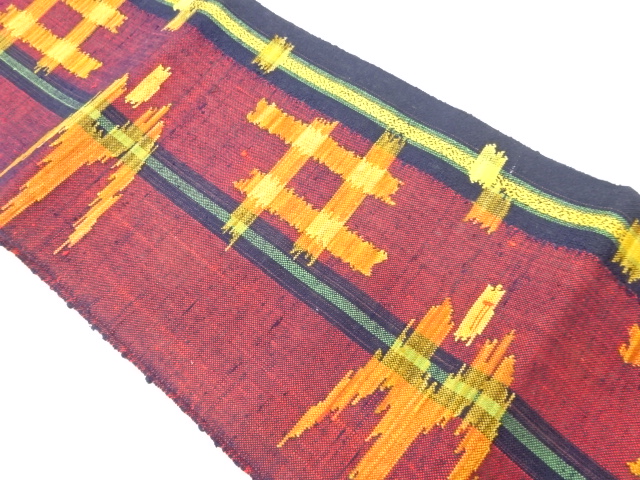 手織り紬縞に絣模様織出し名古屋帯